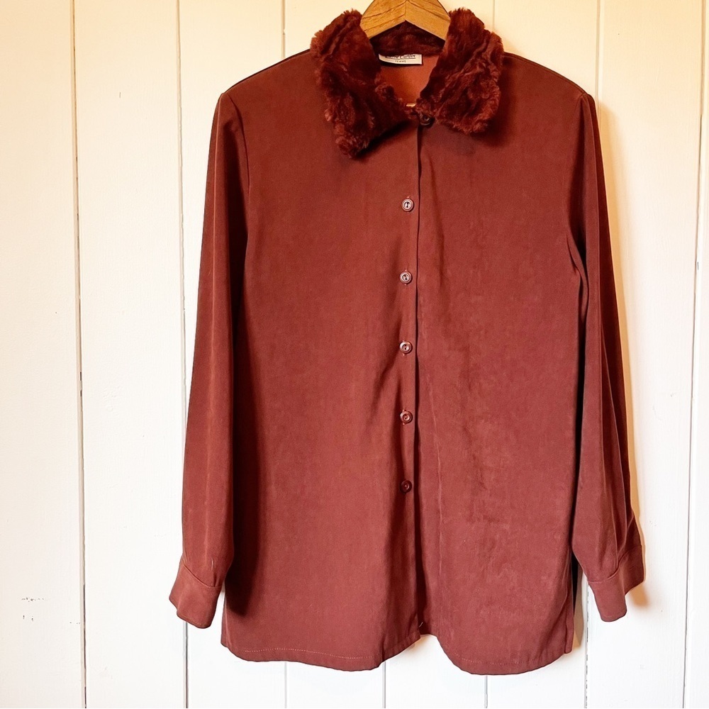 Vintage Pierre Cardin Femme Burgandy Button Down Top with Faux Fur Collar.